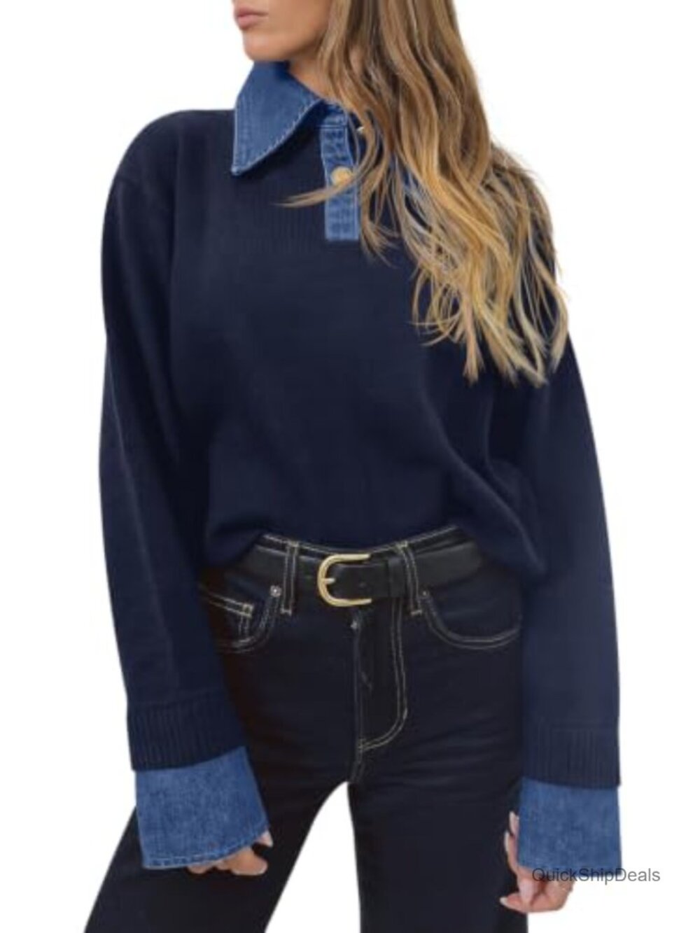 Womens Denim Patchwork Sweater V Neck Polo Pullover Button Knit Top